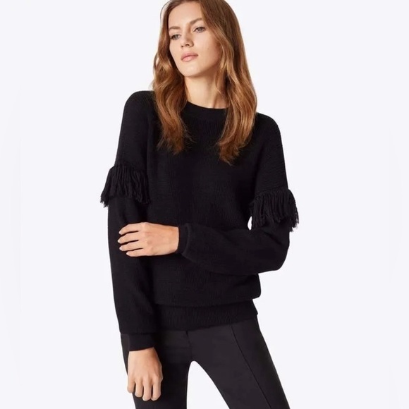 Tory Burch Bristol Sweater Pullover Crew Black Alpaca Silk Knit Fringe Ribbed L - Picture 12 of 12